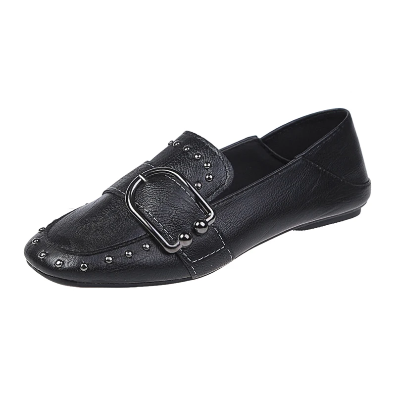 

Spring and autumn new metal buckle rivet shallow mouth PU flat shoes stylish and comfortable two women's shoes.