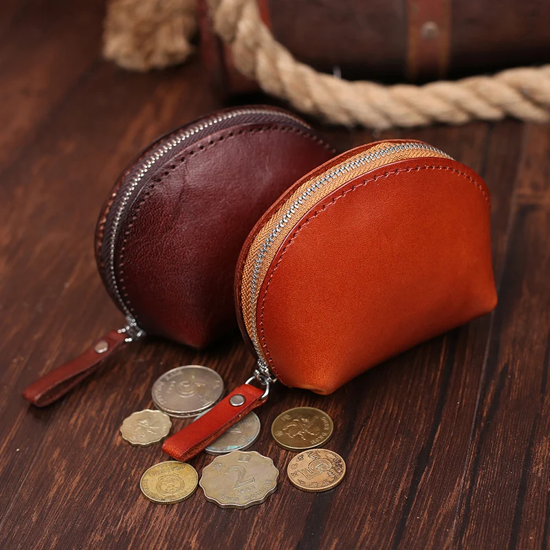 Fashion Genuine Leather Women&#39;s Coin Purse Small Wallet Zipper Vegetable Tanned Leather Shell ...