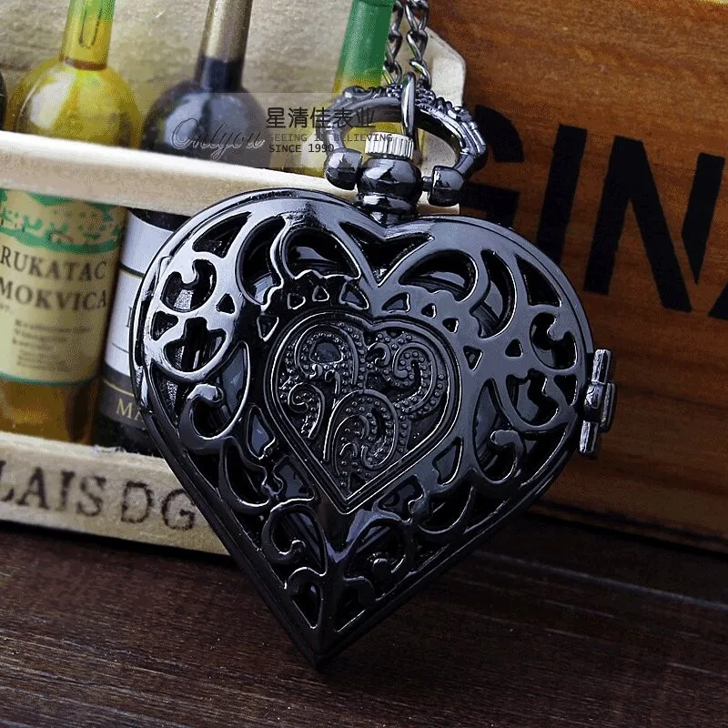 Ретро бронзовые полые, в форме сердца, черные Серебряные винтажные карманные часы, ожерелье, подвеска из металла, кварцевые часы для мужчин и женщин, подарки