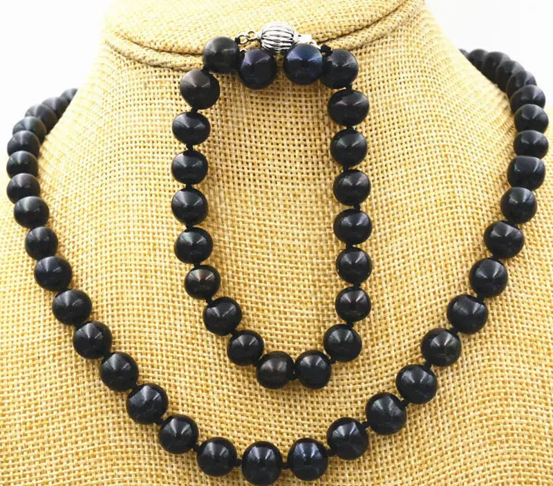 

Charming! Black 9-10mm Natural Pearl Necklace Bracelet + Earrings 18" WW #@