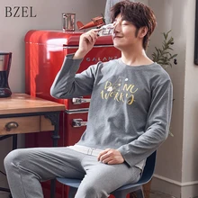 BZEL/пижамный комплект; пижама с длинными рукавами; Хлопковая мужская пижама для сна с круглым вырезом; домашняя одежда для отдыха; пижамы размера плюс L-3XL