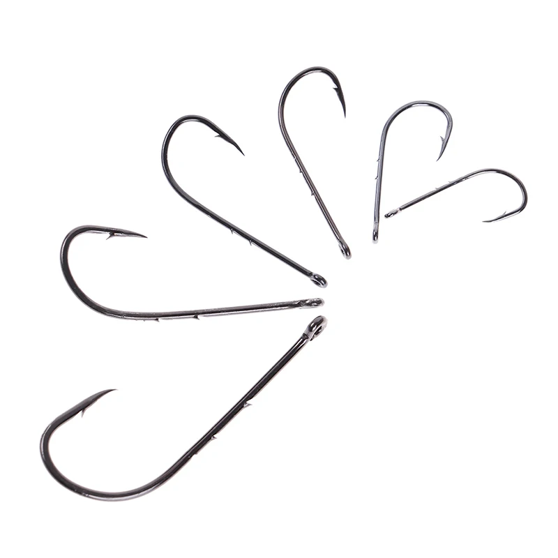 50pcs/bag Fishing Hooks Black Offset Sliced Long Barbed Shank