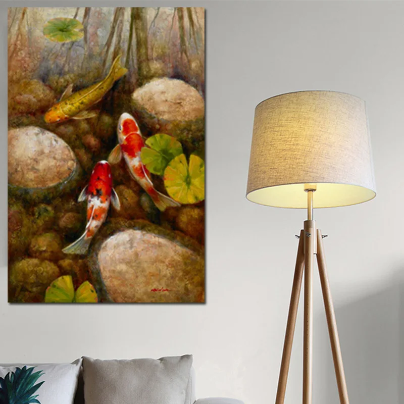 

Chinese Koi Fish Lotus Stone Canvas Prints Feng Shui Animal Landscape Painting Wall Art Picture For Living Room Moder Home decor