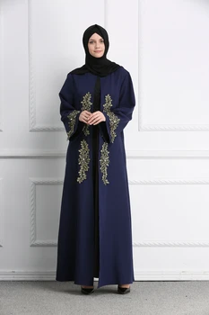 

Fashion Dubai Arabic Evening Dresses Navy Blue Muslim Evening Dress Long Sleeves Gold Applique Elegant Formal Islamic Morocco