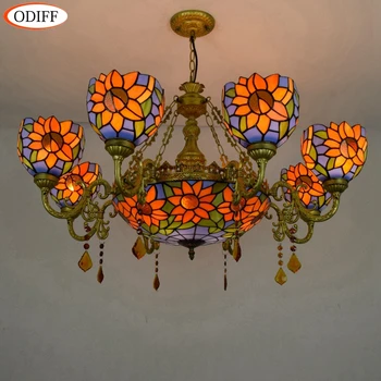 

6 8 heads Living room dining room bedroom Crystal Chandelier Stained glass Restaurant decorate Sunflower Garden Pendant lamps