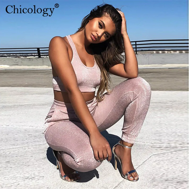 Ceny Chicology różowy brokat top typu crop tank długie spodnie 2 dwuczęściowy pasujący zestaw 2019 letnie kobiety strój festiwal ubrania klubowe