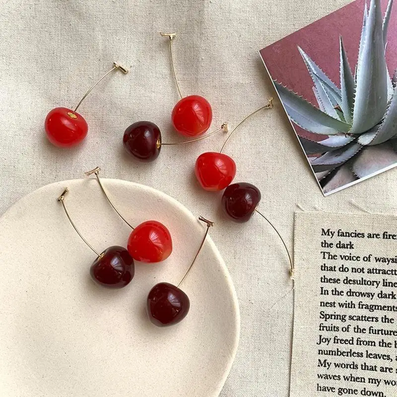 

Sweet Cherry Earrings Resin Alloy Gold Color Drop Earrings Prevent Allergy Pendientes Mujer Earrings For Girl Student Gifts