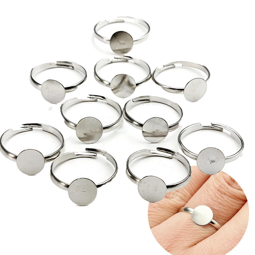 

Fashion 10Piece Silver Plated Flat Classic Ring jewelry Findings Pad Bases Blanks Accessories Adjustable Unisex Dia 8mm