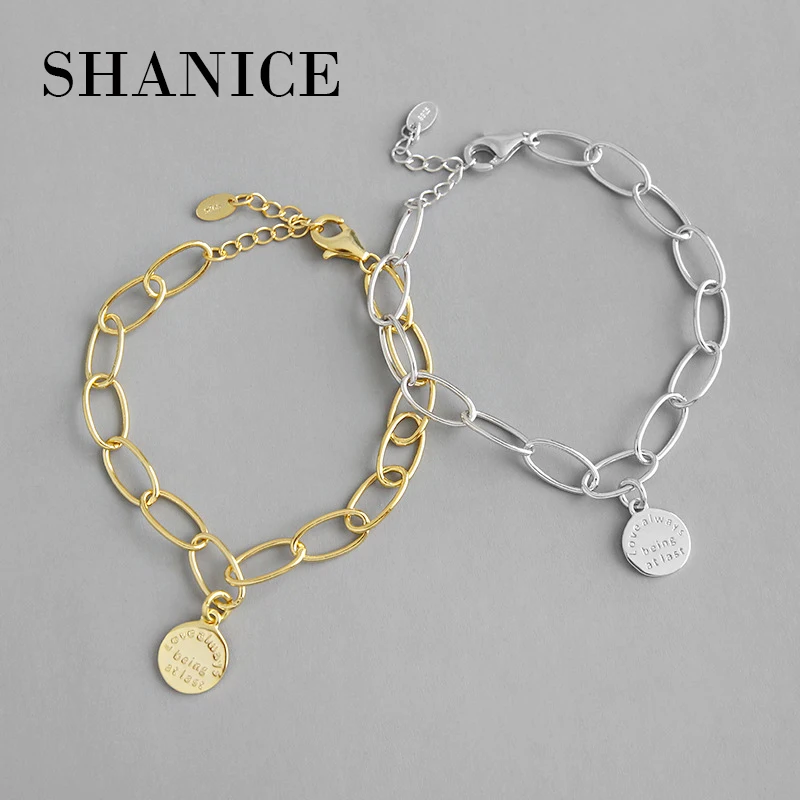 

SHANICE Korean S925 sterling silver retro personality Geometric English round tag chain women's bracelet student chain