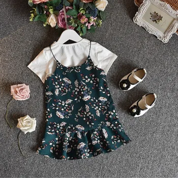 

2 Piece Set Fashion Baby Girl Clothes Cotton T-shirt + Floral Strap Dress Set Suit For2 To 6 Years Old Girl Clothes Dress