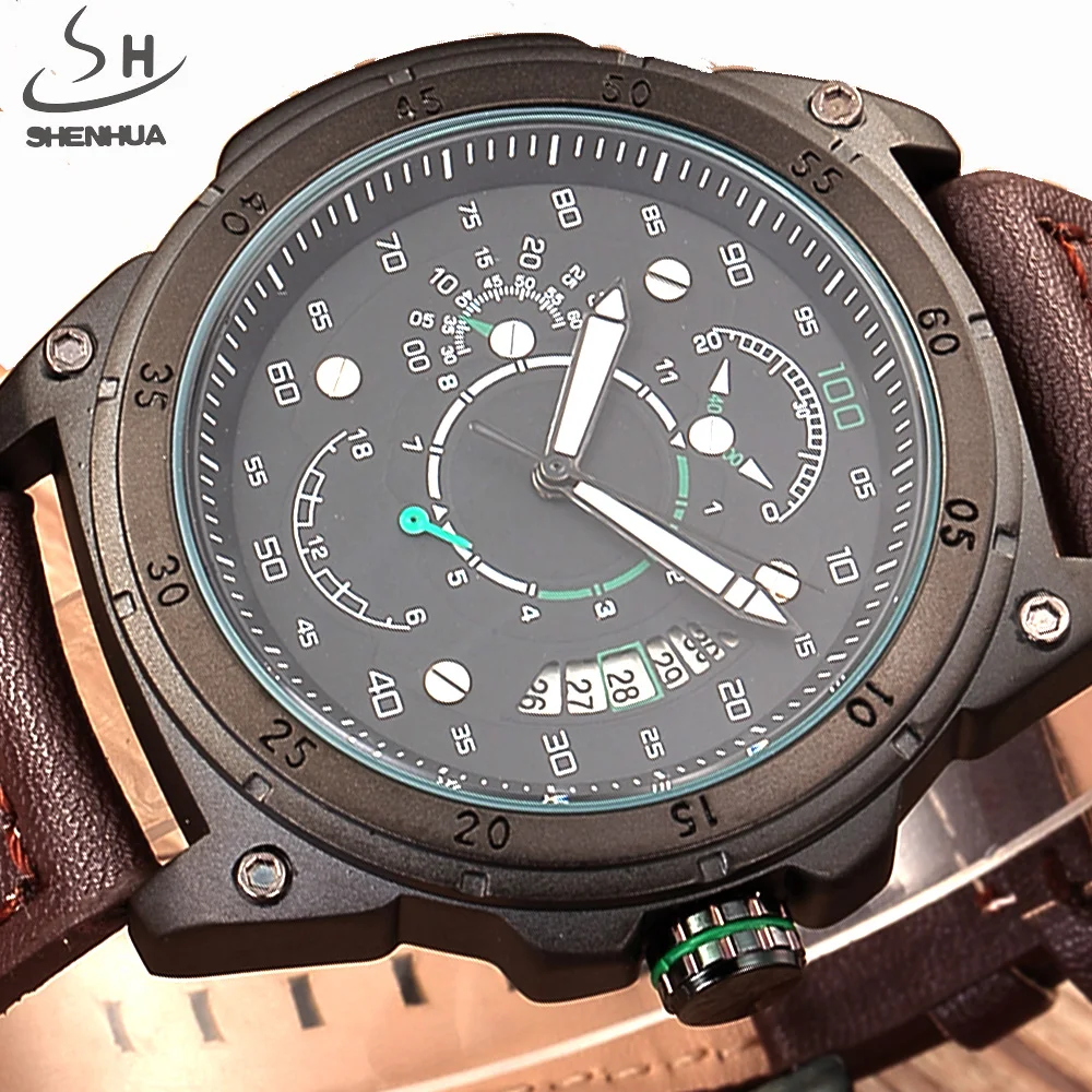 

SHENHUA Sport Military Skeleton Mechanical Automatic Watch Men Watches Brand Leather Luxury Business Watch Relogio Masculino