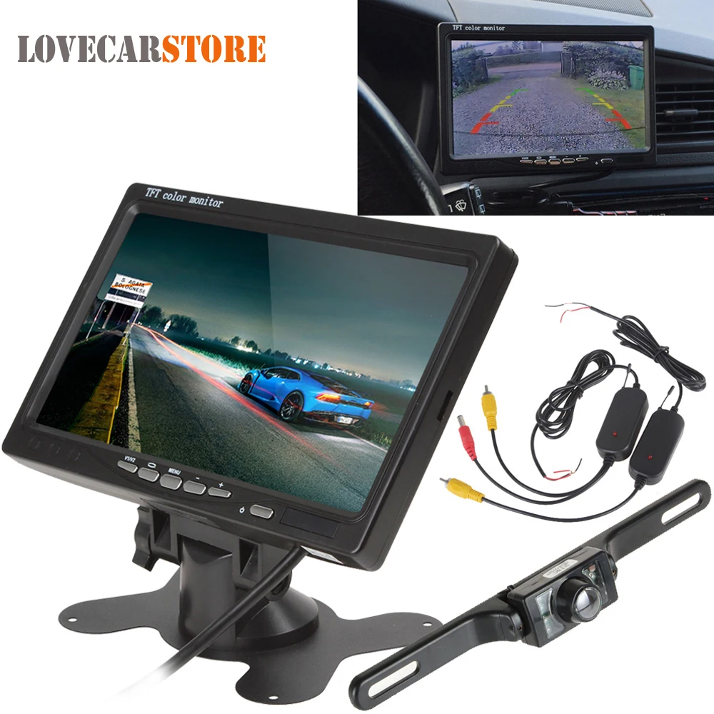 

7 Inch TFT LCD Car Rear View Monitor Parking 2 Video Input + Auto Rearview Reverse Backup Camera + Wireless Transmitter Receiver