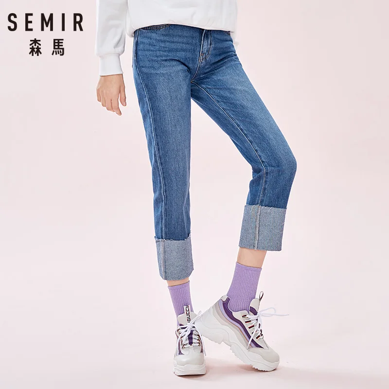 SEMIR женские потертые джинсы с высокой посадкой прямые для девочек укороченные