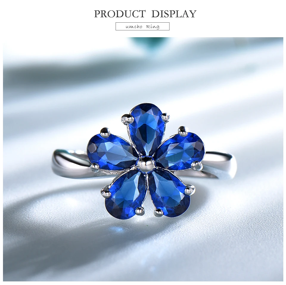 UMCHO Gemstone Blue Sapphire Rings for Women Genuine 925 Sterling Silver Flower Party Wedding Engagement Fine Jewelry Party Gift