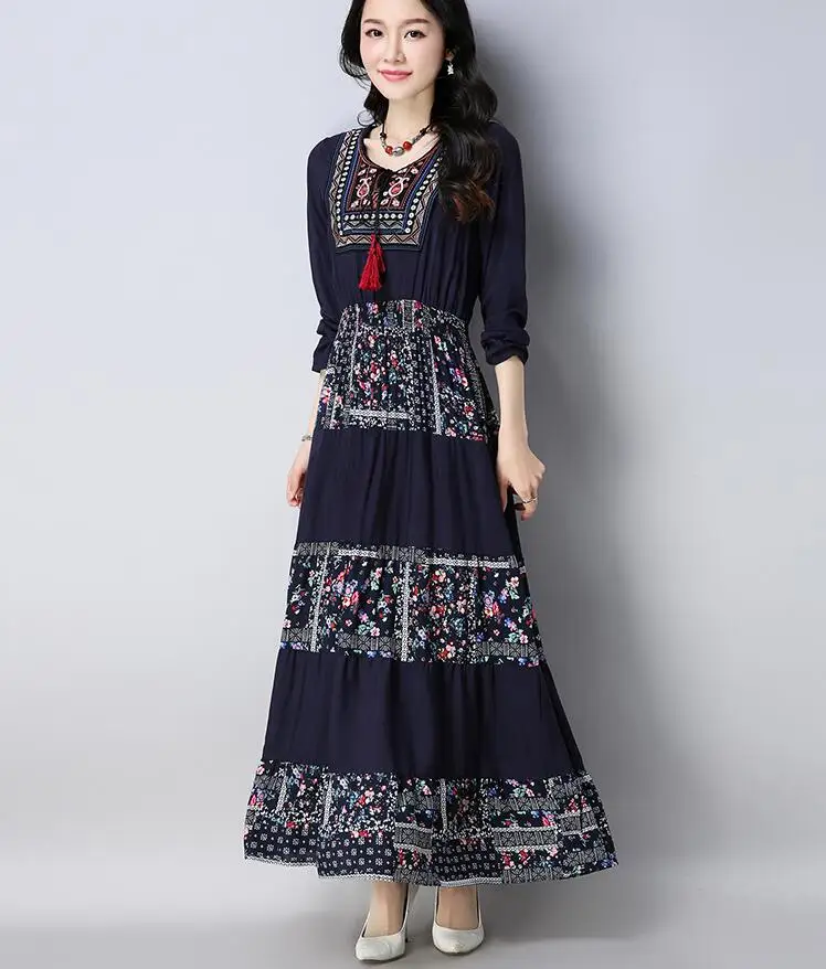 Saiqigui осенние платья с длинным рукавом, длинное женское платье, повседневное ТРАПЕЦИЕВИДНОЕ ПЛАТЬЕ с вышивкой и круглым вырезом, хлопковое льняное Платье vestidos de festa - Цвет: zangqing
