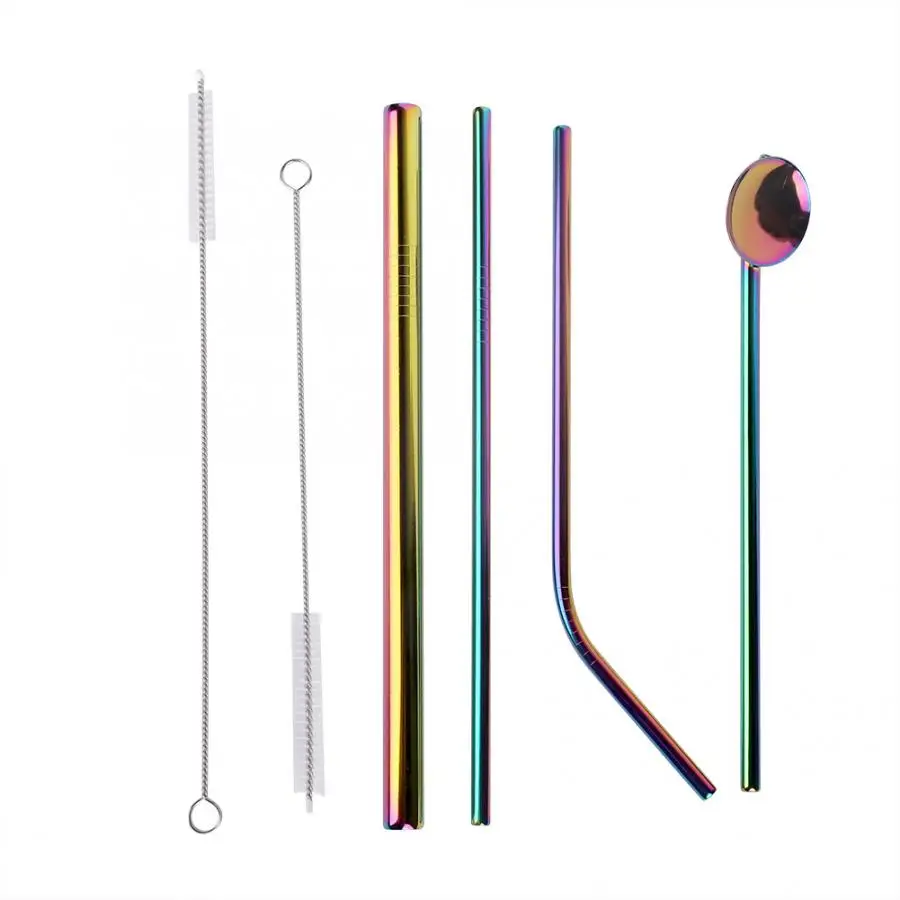 

Hot straw 7pcs/set Reusable Metal Drinking Straw Spoon Bent Straight Straws Cleaning Brush for Home Bar reusable straws