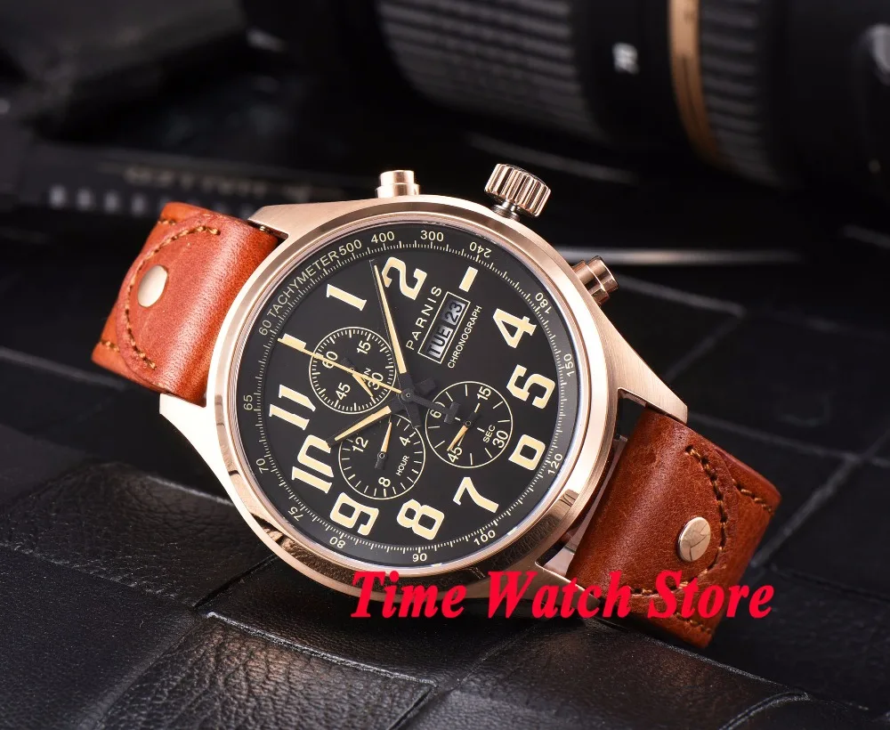 

Parnis 43mm black dial GOLD case sapphire glass Full chronograph date week display Quartz movement Men's watch 816