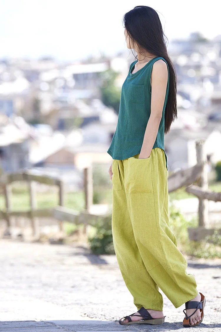 LZJN Baggy Pantalon Women Loose Ankle length Pants Linen Wide Leg Ladies Casual Sand Wash Summer Cool Baggy Trousers with Pocket (17)