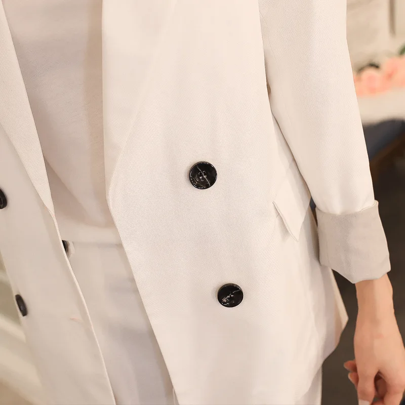 Women's pants suit Casual solid color double-breasted slim suit jacket female High quality elegant suit two-piece pants set