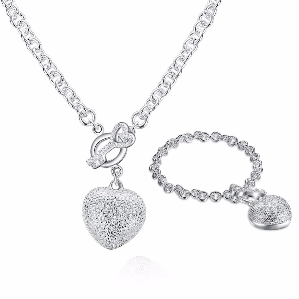 

Fashion Heart lock and key Jewelry Sets 925 solid silver plated Chain Bracelet Necklace for Women Elegant Wedding Bijoux