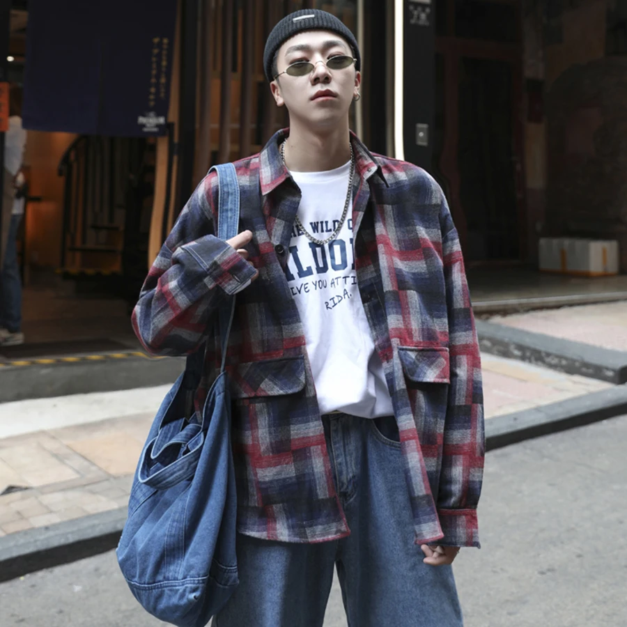 Plaid Vintage Shirts Mens Checkered Button Up Shirt Streetwear Korean Clothes Men Top Fashion Autumn Male Harajuku Dress Shirts
