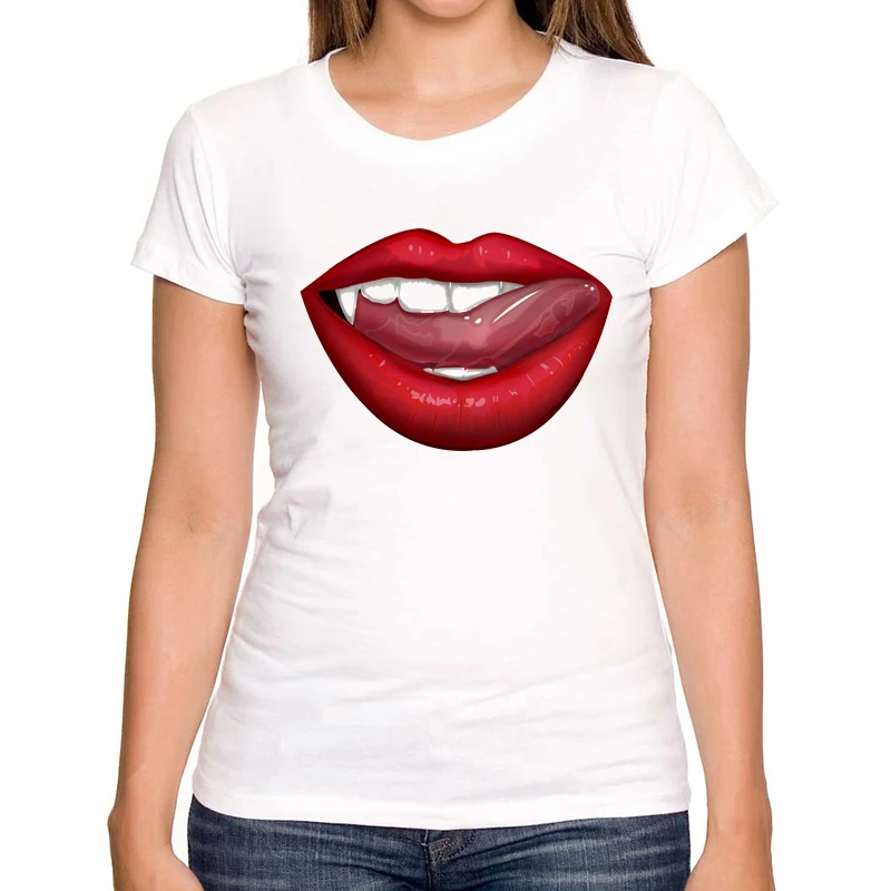 2019 New Design Women Short Sleeve t shirt Vampire Lips Printing Tee