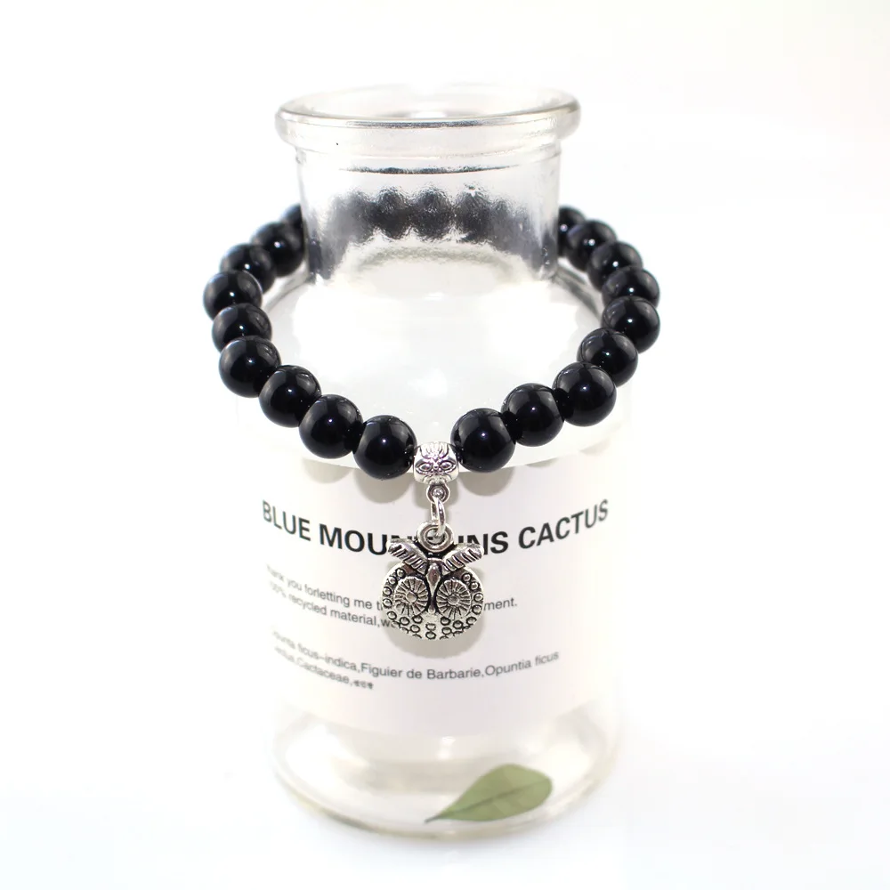 

Owl Alloy Pendant Obsidian 8mm Lovers Couples Women's Men's Bracelets Boys Girls Gift for D-day