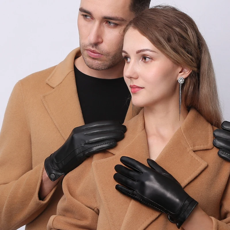 NEW Genuine Leather Gloves Female Keep Warm Sheepskin Male Gloves Plush Lined Couple Leather Gloves For Winter NW183