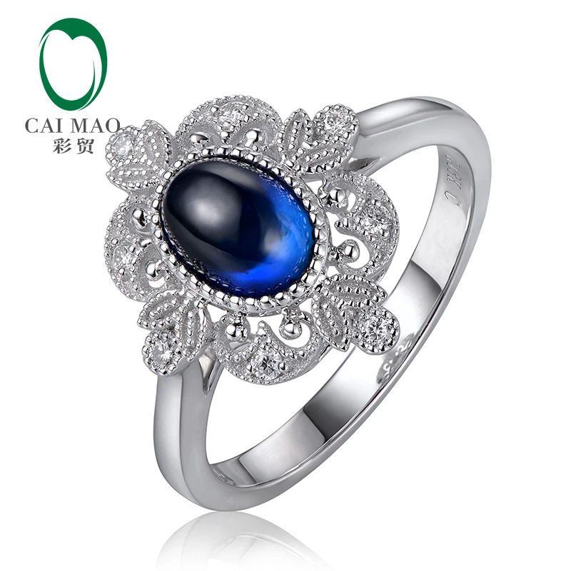 CaiMao Cabochon Cut Natural Sapphire Ring Vintage Design White Diamonds 14kt White Gold Engagement Jewelry