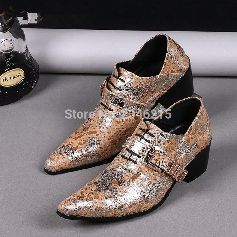 

Mens shoes High Heels Glitter Gold Dress Shoes Pointy classic shoes buckle strap sapatos masculinos formal shoes men gents