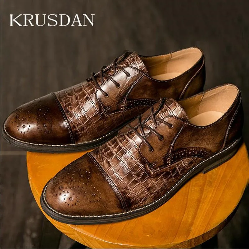 KRUSDAN/Туфли-оксфорды из натуральной кожи с узором «крокодиловая кожа»; Мужская Роскошная брендовая модная обувь на плоской подошве со шнуровкой; мужская деловая Свадебная обувь