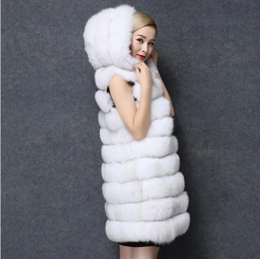 

6Xl Women Winter Autumn Long Section Fake Fur Waistcoat Large Size Female Hooded Warm Faux Mink Fur Vests Coletes Feminina J2990