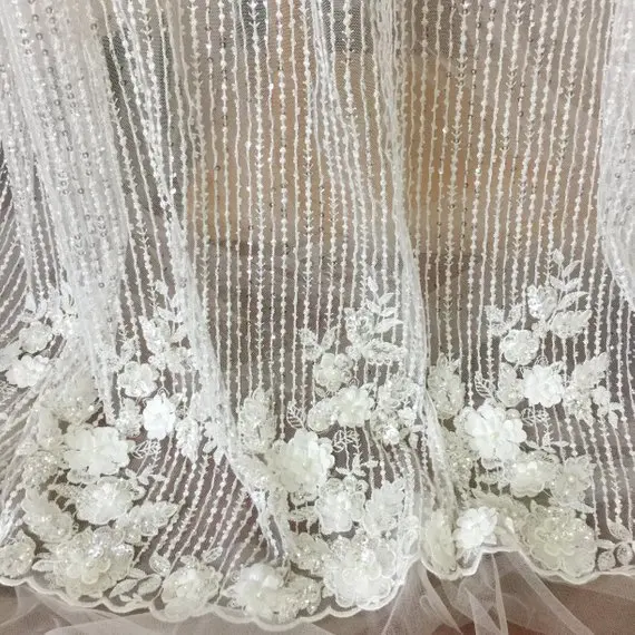 1 ярд от кутюр 3D сильно вышитая бисером блесток Свадебная кружевная ткань, Линия Тюль Вышивка свадебное платье кружево