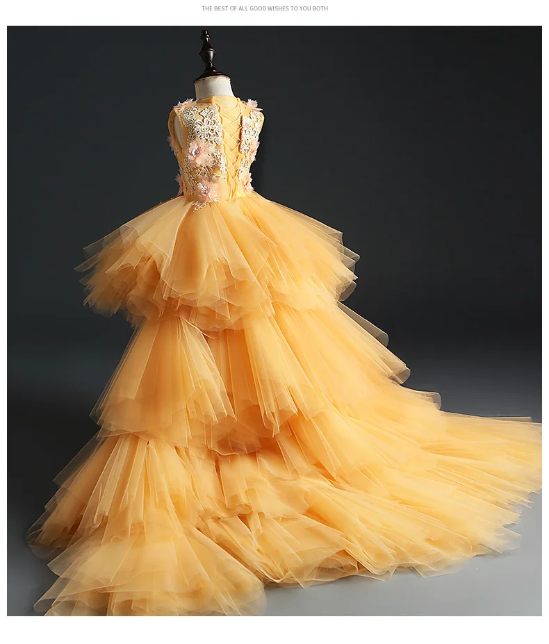 Vestido para o Casamento de Ouro Vestido de Primeira Vestido de Festa Vestido de Baile Elegante Longo Arrastando Flor Meninas Floral Tutu Crianças Pageant Comunhão 7 Mamãe e Bebê