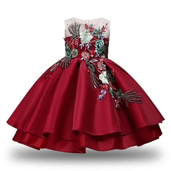 Новинка; высокое качество; элегантные вечерние платья винно-красного цвета с вышивкой для девочек; Детские платья на свадьбу и день рождения - Цвет: Красный