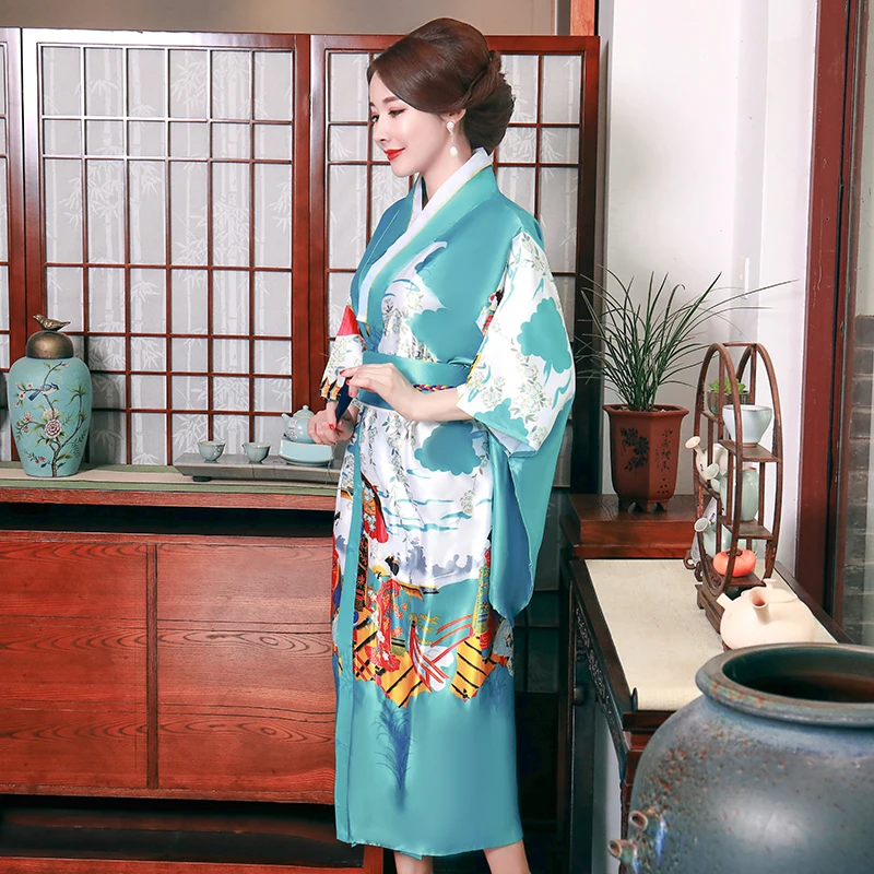 Юката с Obi синий женский Принт Павлин кимоно халат платье японский стиль ремень вечерние платья маскарадный костюм