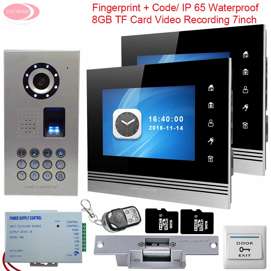 

For 2 Apartment 7'' Video Intercom With Recording+8GB TF Card IP65 Waterproof Fingerprint Code Intercom System+Electric Lock Kit