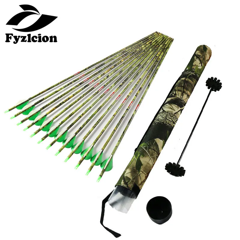 

Hunting Arrow Bolts 12Pcs Archery Spine400 Camo Carbon Arrows 2'' Vane Arrow Nocks +1pcs Arrow Holder Tube for Compound Bow