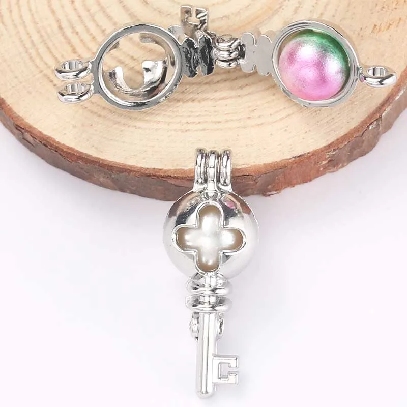 5pcs Silver Cross key Pearl Cages Pendant Jewelry Making Bead Cage