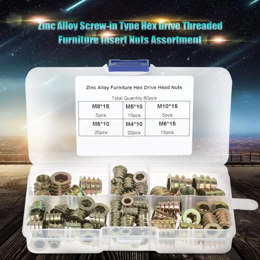 

80Pcs/Lot M4/M5/M6/M8/M10 Insert Nuts Zinc Alloy Screw-in Type Wood Nut Hex Drive Head Nut Furniture Woodworking Nut
