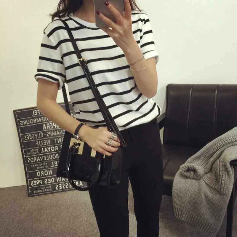 

Women T-shirt Lady Tops Summer Tee Clothing Women's Shirt Stripe Short Sleeve Jersey Knit Wear Basic Shirt Bottom Large Size 3XL
