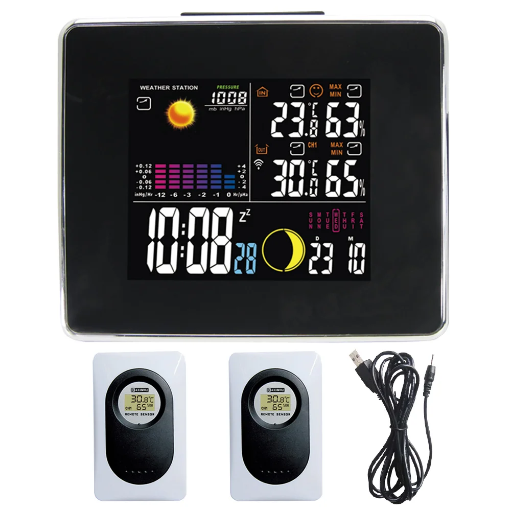 

Wireless Weather Station LED Color Backlight Indoor Outdoor Temperature Humidity Meter Barometer Digital Alarm Clock Black