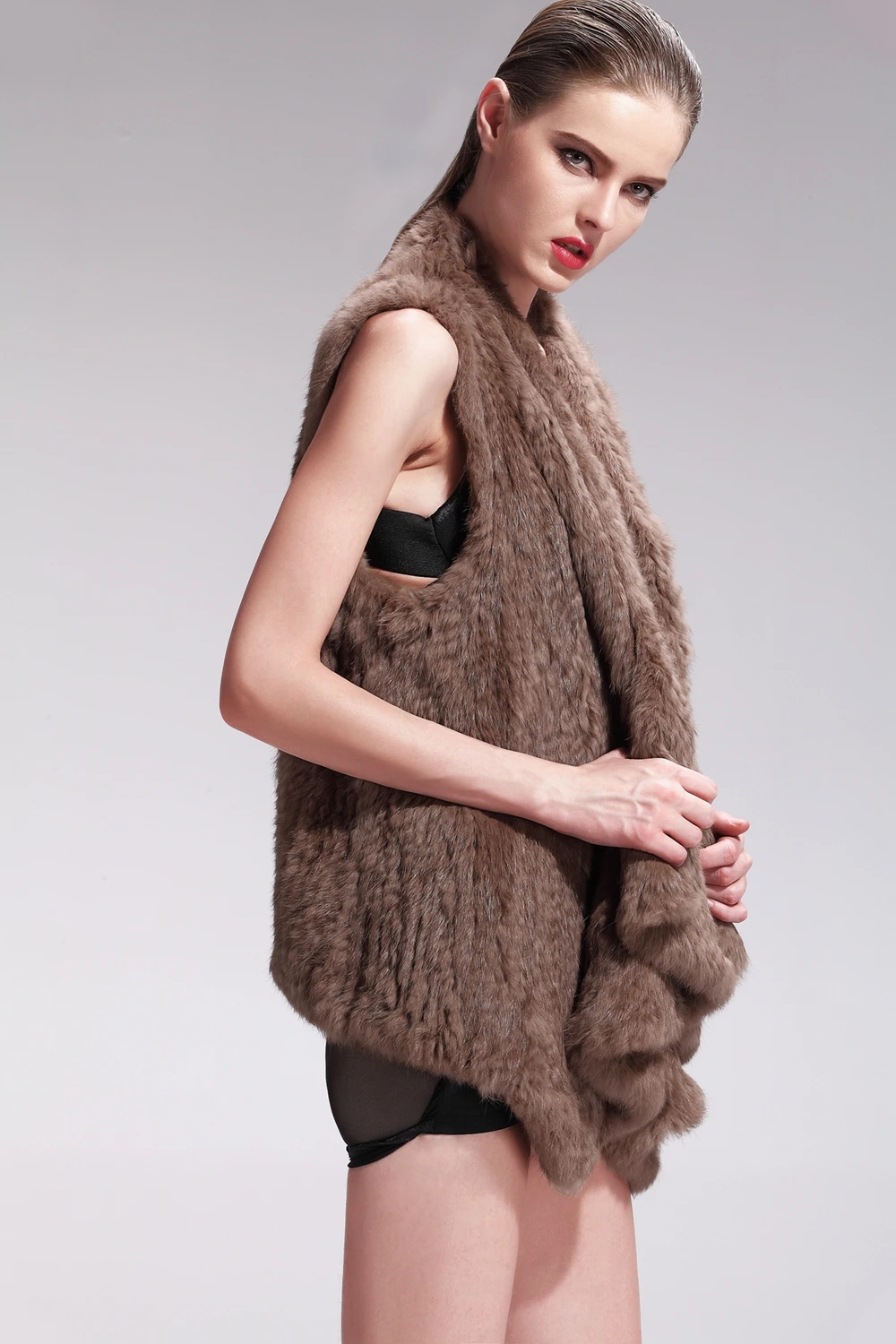 ZY88010 Classic Lady Genuine Knitted Winter Women Rabbit Fur Turn-Down Fur Vest Fur Waistcoat Gilet Outwear long duvet coat