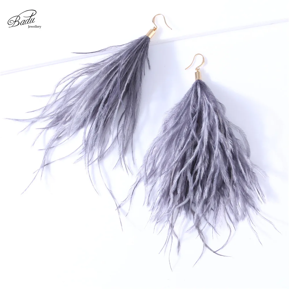 Badu, длинные серьги из страусиных перьев,, Женские Висячие серьги, винтажные модные ювелирные изделия, дизайн - Окраска металла: Gray 03