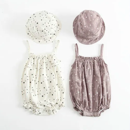 

New 2Pcs Newborn Infant Kids Baby Boys Girl Cotton Star Print Romper Jumpsuit Sleeveless Playsuit+Cute Hats Clothes Outfit