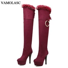 VAMOLASC New Women Autumn Winter Warm Faux Suede Over the Knee Boots Sexy Thin High Heel Boots Fur Women Shoes Plus Size 34-43