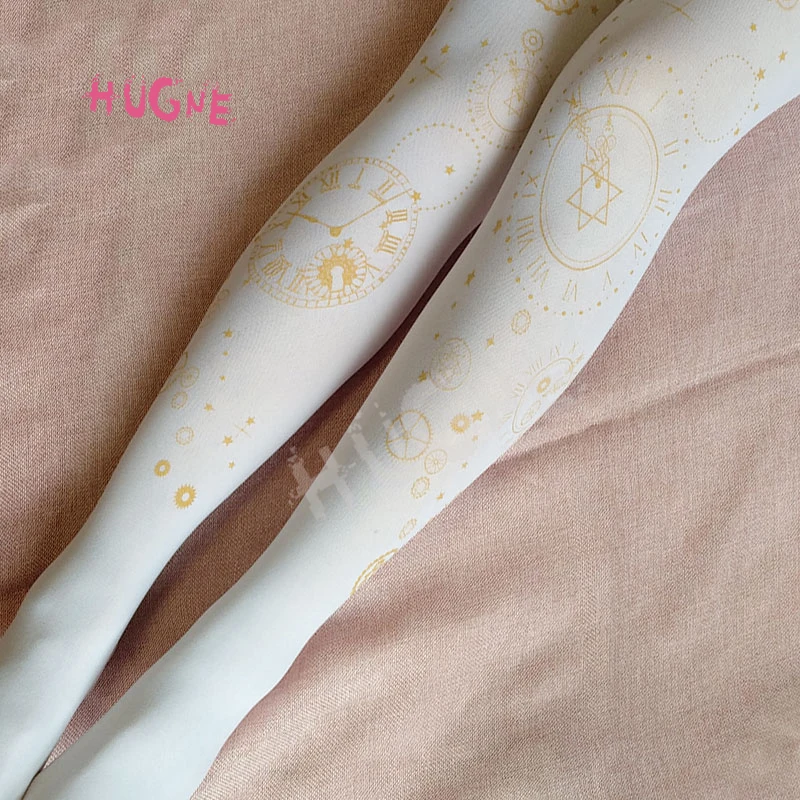 

Time Machine ~ Vintage Clock Printed Lolita Pantyhose Gold Stamped Patterned Tights Blue Gray Red White