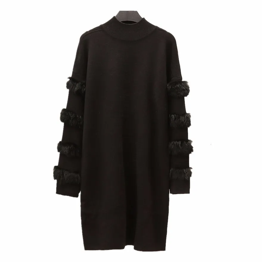 LANMREM, новинка, модное лоскутное меховое платье с длинным рукавом, женский свитер, вязаная одежда с круглым вырезом, Осень-зима, Vestido YF577 - Цвет: black