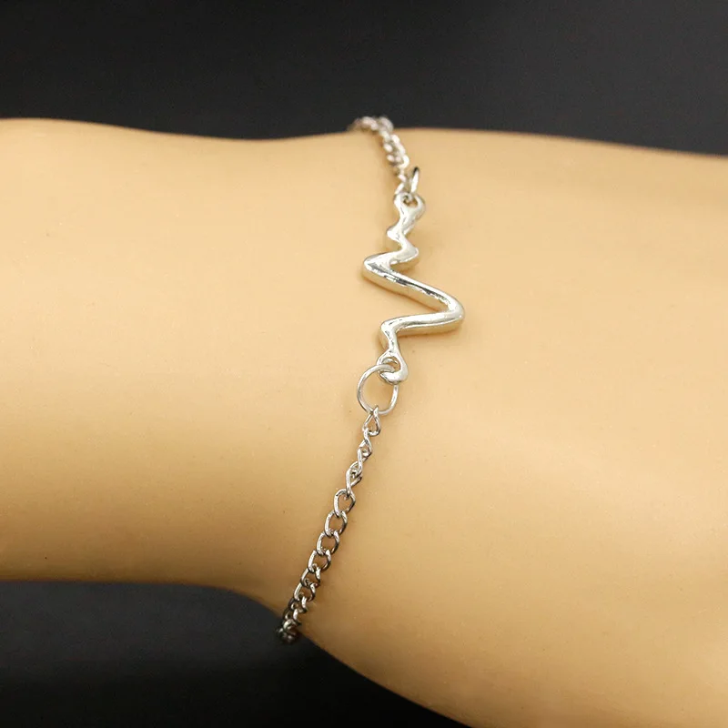 

New Silver Plated Alloy Bracelet Bangle Heartbeat Gold Color Snake Chain Women Charm Bracelet Lobster Clasp Fashion Jewelry Gift