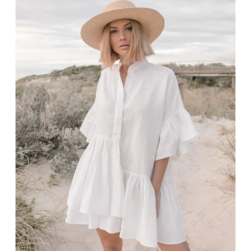 

Women Swimsuit Cover Ups Mandarin Sleeve Kaftan Beach Tunic Dress 2019 Robe De Plage Solid White Cotton Pareo Beach Cover Up